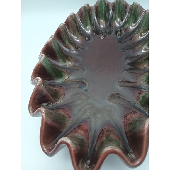 Royal Haeger Ruffle Dish Brown Green VTG Glaze R309 USA Scalloped Console - Picture 4 of 7